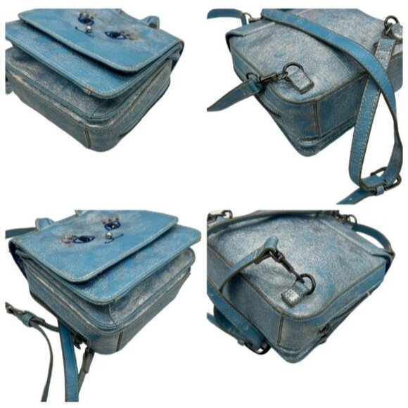 Anna Sui Cat Face Mini Leather Backpack Purse Blue Distressed Jean Bag Cute Ears - Picture 12 of 16